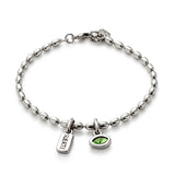 Bracelet with 'suerte' and oval green crystal charm (gold or silver)