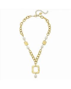Gold Square and Genuine Freshwater Pearl Chain Necklace