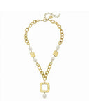 Gold Square and Genuine Freshwater Pearl Chain Necklace