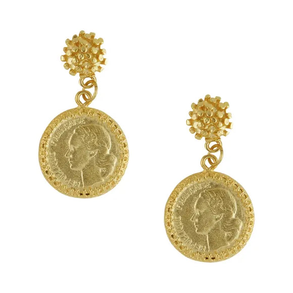 Coin drop earrings, gold