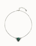 Pendant chain link necklace with green crystal, silver