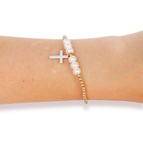 Cross + Pearl Gold Charm Bracelet (7.25"), gold