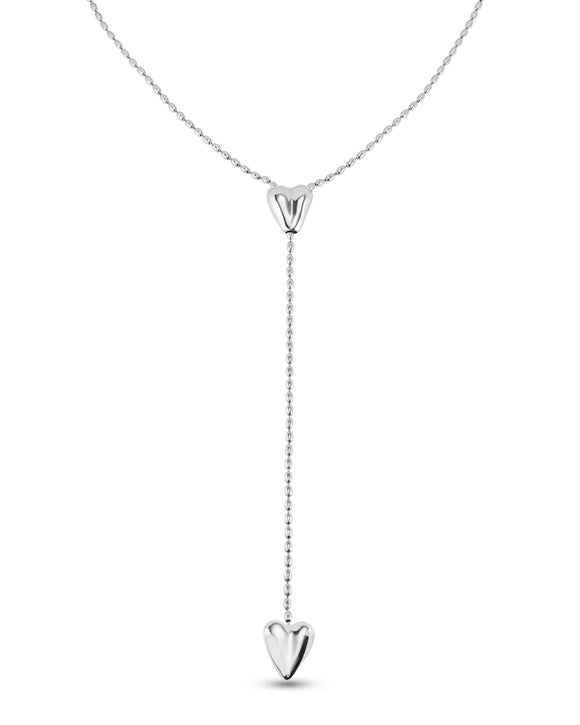 Long adjustable chain necklace with two hearts, silver