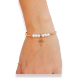 Cross + Pearl Gold Charm Bracelet (7.25"), gold