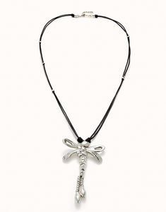 Long leather necklace with central dragonfly (silver)