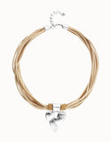 Camel leather and silk thread necklace with heart detail, silver