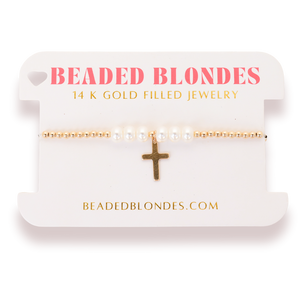 Cross + Pearl Gold Charm Bracelet (7.25"), gold
