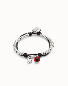 Leather beaded bracelet with red murano glass (silver)