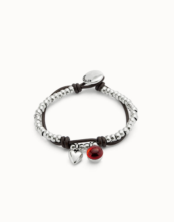 Leather beaded bracelet with red murano glass (silver)