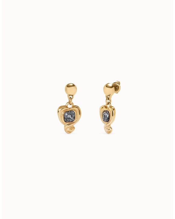 Drop earrings with a heart and black crystal (gold or silver)