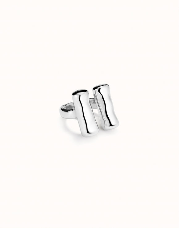 Ring with two vertical tubes, silver