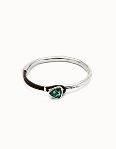 Bangle bracelet with leather and green crystal (silver)