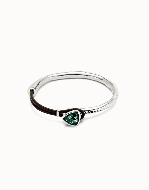 Bangle bracelet with leather and green crystal (silver)