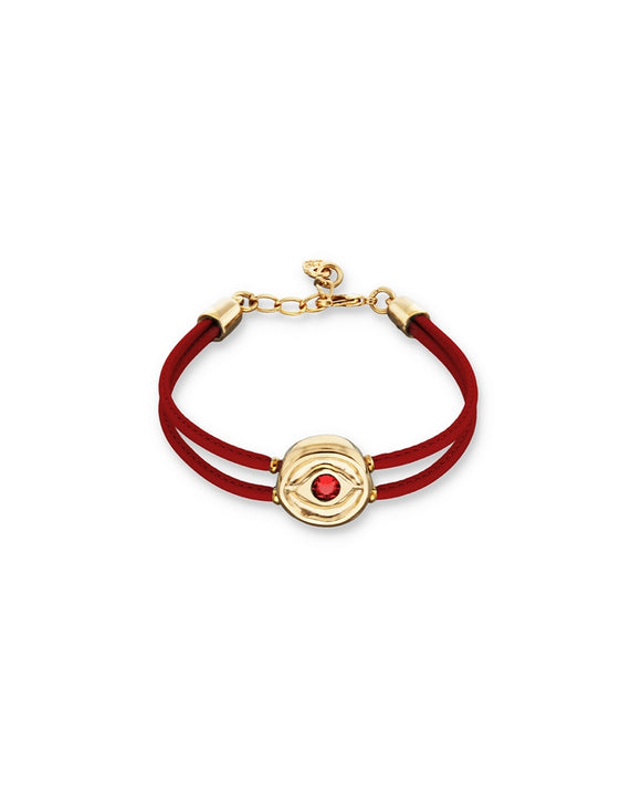 Red Leather Bracelet with red crystal eye (gold)