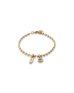 Bracelet with 'suerte' and oval green crystal charm (gold or silver)