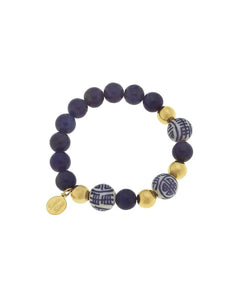 Lapis & Gold/Porcelain Bead Stretch Bracelet