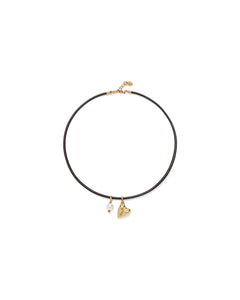 Leather necklace with pearl & heart charms (gold or silver)