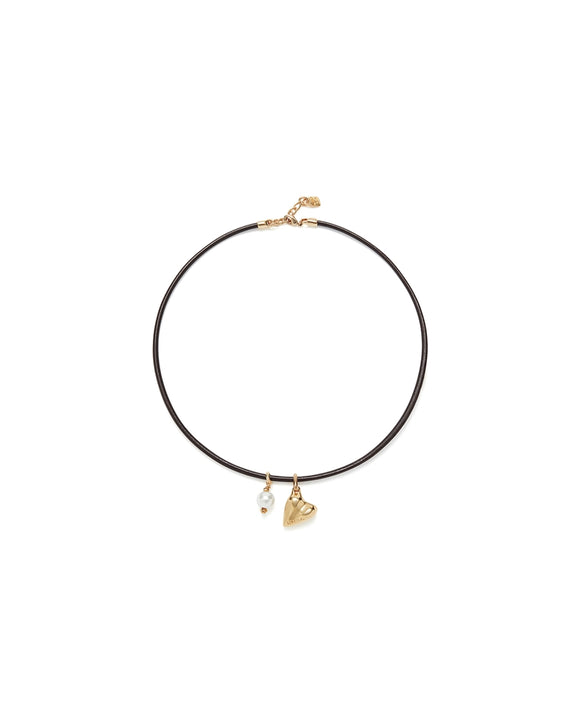 Leather necklace with pearl & heart charms (gold or silver)