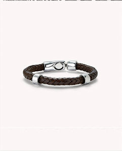 Cognac color braided leather bracelet with 2 circles (silver)