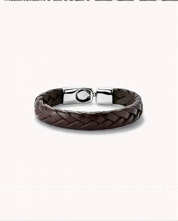 Brown braided leather bracelet (silver)