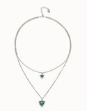 Multi-layer pendant link chain necklace with green crystal, silver