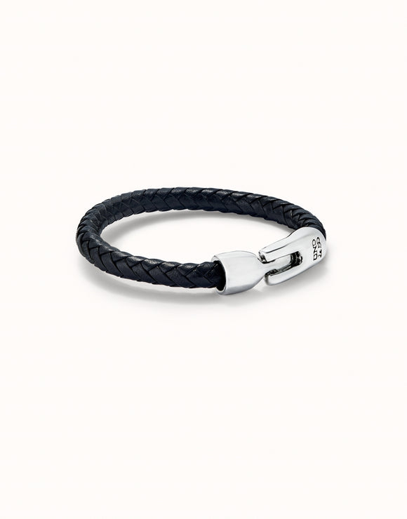 Black leather braided tube-shaped bracelet with silver clasp (silver)