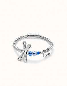 Elastic bracelet with dragonfly with blue crystals (silver)