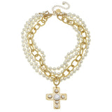Pearl Cross Multi-Strand Necklace, gold