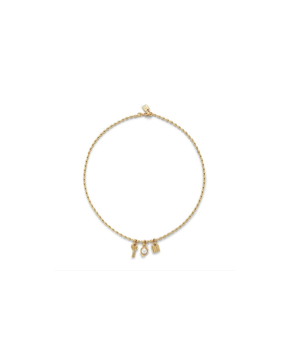 Bracelet with 3 charms, key, pearl, and lock (gold or silver)