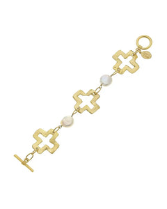 Gold Open Cross and Pearl Bracelet