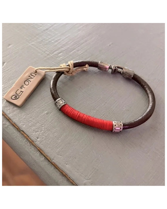 Brown Leather Bracelet Wrapped in Red