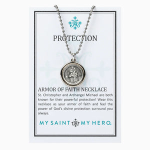 Archangel Michael & Saint Christopher Protection Armor of Faith Necklace, silver