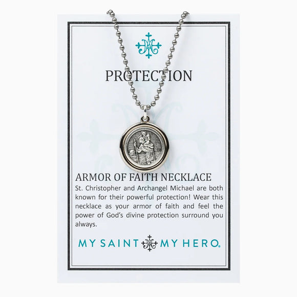 Archangel Michael & Saint Christopher Protection Armor of Faith Necklace, silver