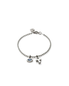 Bracelet with dangling cross & blue charm (silver or gold)