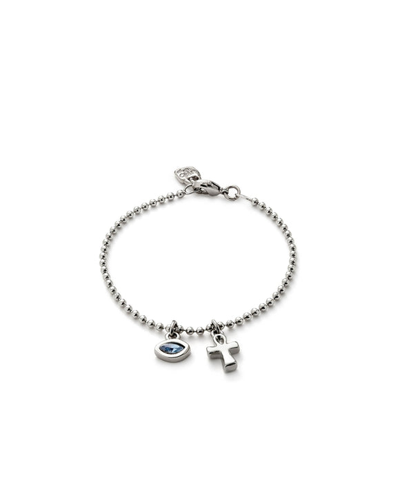 Bracelet with dangling cross & blue charm (silver or gold)