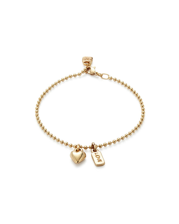 Beaded bracelet with heart and love charm (silver or gold)