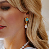 Charlotte Pearl Drop Earrings, aqua/gold