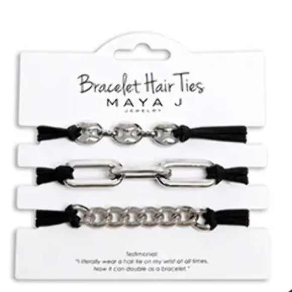 Black Cord Hair Tie Bracelet - White Chain Links