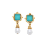 Charlotte Pearl Drop Earrings, teal/gold