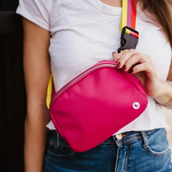 Hot Pink Solid Fanny Pack w/Striped Strap