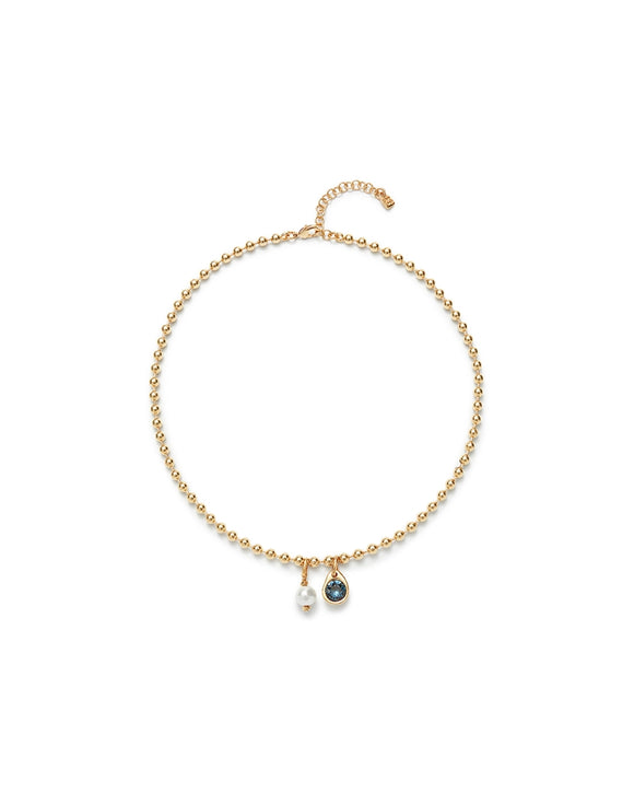 Beaded necklace with dangling blue crystal and pearl (silver or gold)