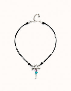 Leather necklace with dragonfly and crystals (silver)