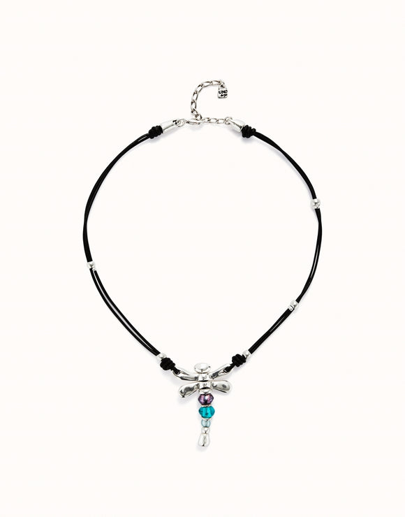 Leather necklace with dragonfly and crystals (silver)