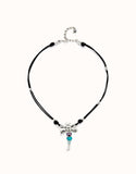 Leather necklace with dragonfly and crystals (silver)