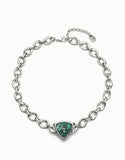 Link chain short necklace with a green crystal, silver