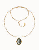 Long necklace with gray oval faceted crystal, gold