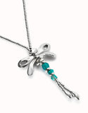 Long necklace with dragonfly and green handcrafted crystals (silver)