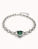 Link chain short necklace with a green crystal, silver