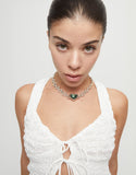 Link chain short necklace with a green crystal, silver