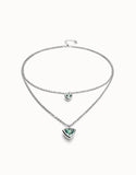 Multi-layer pendant link chain necklace with green crystal, silver